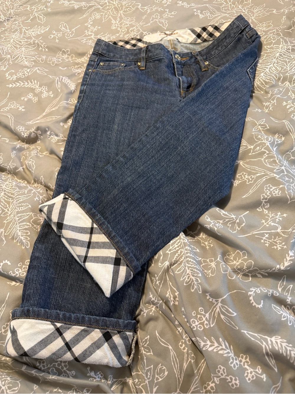 Burberry Dark Blue Cuffed Jeans with Plaid Lining